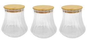 Kit 3 Pote de Vidro Borossilicato Canelado com Tampa de Bambu 700ml