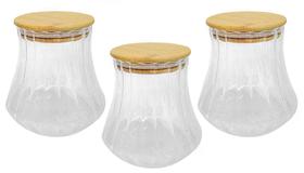 Kit 3 Pote de Vidro Canelado com Tampa de Bambu Hermético 700ml