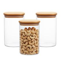 Kit 3 Pote de Vidro com Tampa de Bambu Hermético Porta Mantimentos Organizador 1,1L 15cm Quadrado Em Casa Tem