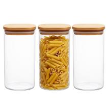 Kit 3 Pote de Vidro com Tampa de Bambu Hermético Porta Mantimentos Organizador 1,6L 21cm Quadrado Em Casa Tem