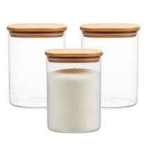 Kit 3 Pote de Vidro com Tampa de Bambu Hermético Porta Mantimentos Organizador 550ml 12cm Quadrado Em Casa Tem