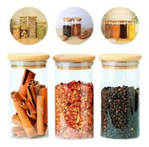 Kit 3 Pote De Vidro Hermético 550ml Bambu Mantimento Tempero