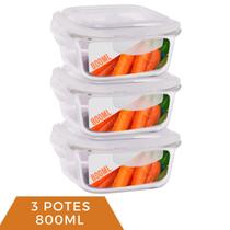 kit 3 Pote de Vidro Hermético Mantimento Tampa Plástico 800ml