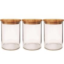 Kit 3 Pote De Vidro Hermético Redondo Com Tampa Bambu 1 litro Mantimentos Marmita Porta Tempero