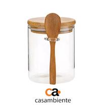 Kit 3 Pote De Vidro Redondo Tampa Bambu Hermético Com Colher 550ml