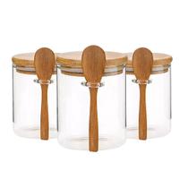 Kit 3 Pote De Vidro Redondo Tampa Bambu Hermético Com Colher 700ml