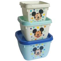 Kit 3 Pote Disney Mickey Quadrado C/ Tampa Lanche Escola