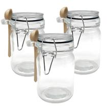 Kit 3 Pote Hermético De Vidro Com Trava e Colher de Bambu Redondo 280ml Kit 3 Pote Hermético De Vidro Com Trava e Colher de Bambu Redondo 280ml