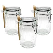 Kit 3 Pote Hermético De Vidro Com Trava e Colher de Bambu Redondo 280ml