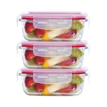 Kit 3 Pote Hermético Vidro Marmita Mantimentos Refratário Forno C/ Tampa Travas 370ml