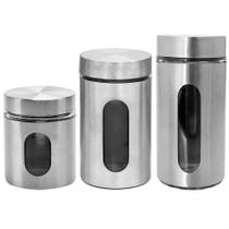 Kit 3 Pote Inox com Visor Vítreo Hermético 630ml, 1L e 1,3L Kit 3 Pote Inox com Visor Vítreo Hermético 630ml, 1L e 1,3L