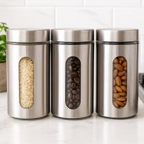 Kit 3 Pote Inox Visor Vítreo Fechamento Hermético 1,3 Litros