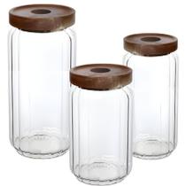 Kit 3 Pote Mantimento Vidro Com Tampa Acácia Hermético Bambu