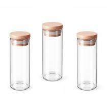 Kit 3 Pote Multiuso Vidro Mantimento Café Chá Tempero Organizador Alimento Cozinha Tampa Bambu 480ml