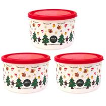 Kit 3 Pote Organizador Porta Alimentos Redondo Branco Decorado com Tampa Natalino Boas Festas Ano Novo Decoração