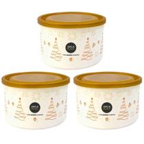 Kit 3 Pote Organizador Porta Alimentos Redondo Branco Decorado com Tampa Natalino Boas Festas Ano Novo Decoração