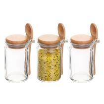 Kit 3 Pote Porta Temperos Condimentos de Vidro Hermético com Tampa e Colher de Bambu 140ml Wolff