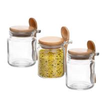 Kit 3 Pote Porta Temperos Condimentos de Vidro Hermético com Tampa e Colher de Bambu 270ml Wolff