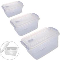 Kit 3 Pote Retangular Wave Prime G, M e P Tampa com Trava para Guardar Alimentos