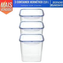 Kit 3 Pote Tapoer Container Hermético 2,8 L Transparente C/ Tampa e Trava