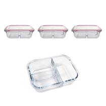 Kit 3 Pote Vidro Hermético 3 Divisórias Tampa Lock Marmita 890ml
