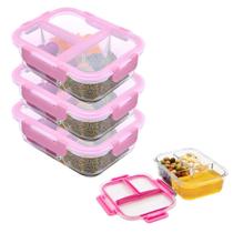 Kit 3 Pote Vidro Hermético 3 Divisórias Tampa Marmita 1040ml