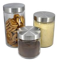 Kit 3 Pote Vidro Liso Tampa Rosca Inox Hermético Porta Tempero Mantimento Cozinha Marmita