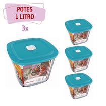 Kit 3 Pote Vidro Quadrado Alto Facilita Com Tampa 1L Marinex