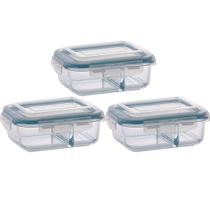 Kit 3 Pote Vidro Retangular Divisória Tampa Hermética 640ml