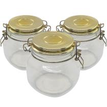 Kit 3 Pote Vidro Tampa Hermética Dourado Porta Mantimento Com Trava 800ml