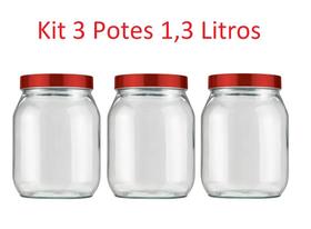 Kit 3 Potes 1,3 Litros Recipiente Vidro Liso Invicta Vermelh