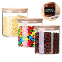 Kit 3 Potes 600ML de Vidro Tampa Bambu Porta Tempero com Caneta e Etiqueta