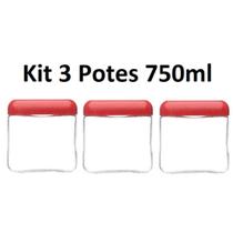 Kit 3 Potes 750ml Recipiente Vidro Quadrado Invicta Vermelho