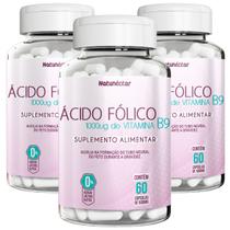 Kit 3 Potes Ácido Fólico Ativo 180 Cápsulas Gestante 1000ug Vitamina B9 Suplemento Alimentar Natural 100% Puro Natunéctar