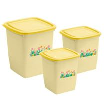 Kit 3 Potes Altos Amarelo Flores Com Tampas BPA Free PH-669
