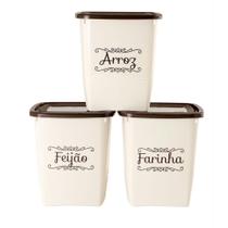 Kit 3 Potes Arroz Feijão e Farinha Altos Bege Com Tampa