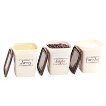 Kit 3 Potes Com Tampa Arroz Feijão e Farinha Altos Bege