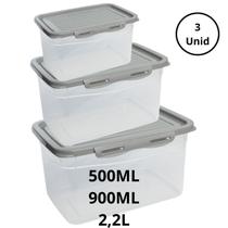 Kit 3 Potes Com Tampa e Trava Altos 500ML 900Ml e 2,2L Cinza Kit 3 Potes Com Tampa e Trava Altos 500ML 900Ml e 2,2L Cinza