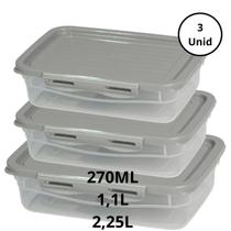 Kit 3 Potes Com Tampa e Trava Baixo 270ML, 1,1L e 2,25L Cinza Kit 3 Potes Com Tampa e Trava Baixo 270ML, 1,1L e 2,25L Cinza