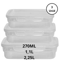 Kit 3 Potes Com Tampa e Trava Baixo 270ML, 1,1L e 2,25L Transparente Kit 3 Potes Com Tampa e Trava Baixo 270ML, 1,1L e 2,25L Transparente