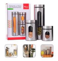 Kit 3 Potes Com Tampa Para Alimentos Vidro E Aço Inoxidável Kit 3 Potes Com Tampa Para Alimentos Vidro E Aço Inoxidável