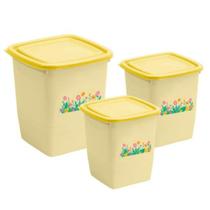 Kit 3 Potes Com Tampas Altos Amarelo Flores BPA Free PH669