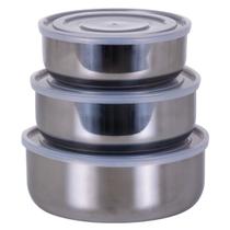 Kit 3 Potes De Aço Inox Com Tampa Alta Vedação Trio Pote Grande Médio Pequeno Para Guardar Comida Conjunto Cozinha