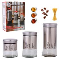 Kit 3 Potes de Aço Inox com Tampa de Rosca para Mantimentos Kit 3 Potes de Aço Inox com Tampa de Rosca para Mantimentos