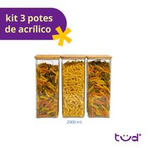 Kit 3 potes de acrílico 2L com tampa herméticos quadrados - Tüd