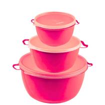 Kit 3 Potes de Plástico Bacia Com Tampa PMG Cumbuca Vasilha Saladeira Tapoer Grande Tapuer Quality Color Lummar Redonda