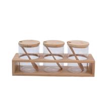 Kit 3 potes de tempero 300ml de vidro com tampa, colher e suporte de bambu - oikos