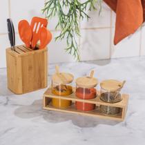 Kit 3 Potes de Tempero de Vidro com Tampa, Colher e Suporte de Bambu - 300ML