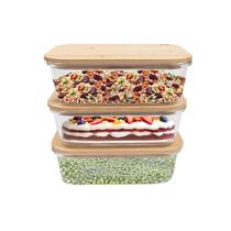 kit 3 potes de vidro 1L com tampa de bambu hermético marmita retangulares - Tud kit 3 potes de vidro 1L com tampa de bambu hermético marmita retangulares - Tud