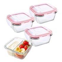 Kit 3 Potes De Vidro 300ml 2 Divisórias Hermético Marmita Fit Com Trava Quadrada